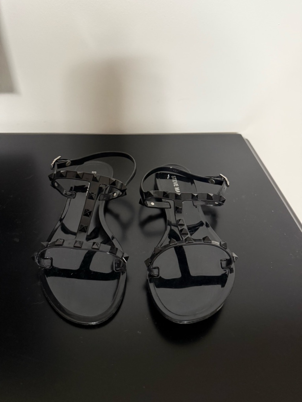 Steve Madden Black Pyramid-Stud T-Strap Sandals